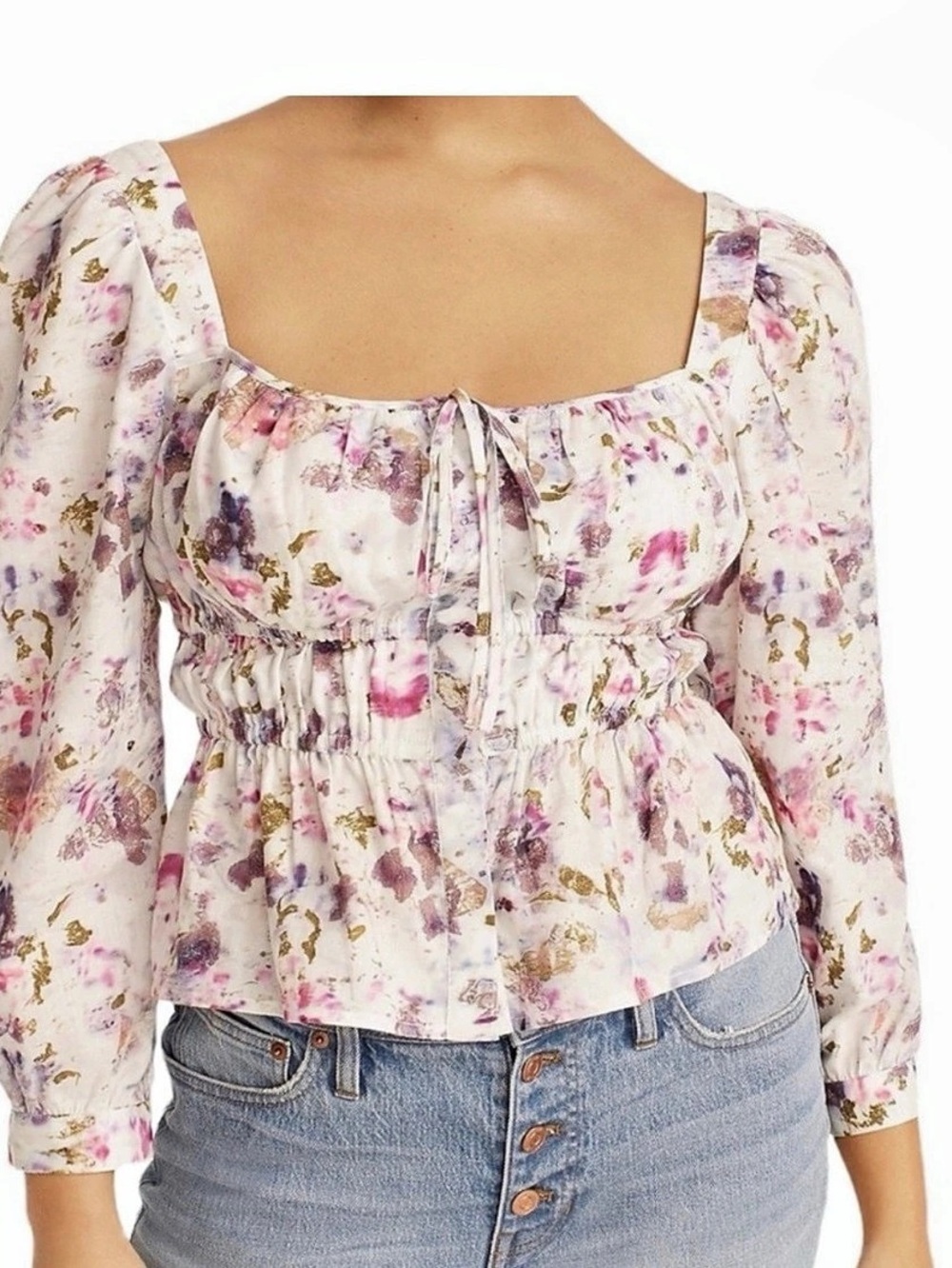 J.Crew x Flora Obscura Squareneck clinched waist puff-sleeve button down top 14